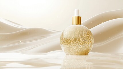 Elegant 3D illustration shows skincare serum bottle. Golden dropper bottle with bubbles. Soft beige background. Luxury cosmetic product. Modern advertisement. Fresh, healthy concept. Serum, vitamin