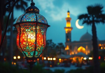 Obraz premium Colorful Moroccan Lantern with Intricate Designs Illuminating a Stunning Evening Scene with a Towering Minaret and Crescent Moon in the Background