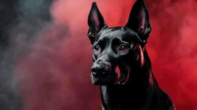Black great dane portrait against red smoke background. Pet portraits and breeding concepts