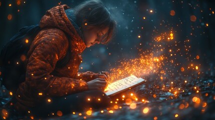 Whimsical writing scene featuring glowing words and a magical atmosphere