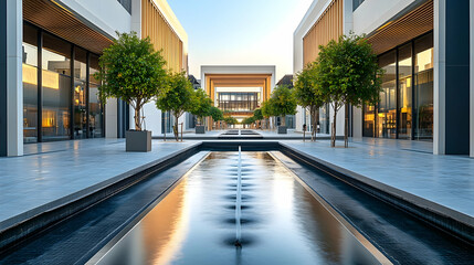 Dubai modern urban plaza with elegant water feature and sleek design minimalist layout