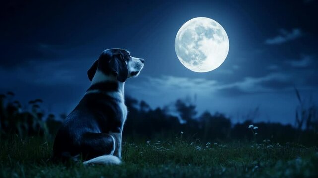 Dog looking at full moon in night meadow with flowers