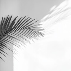 Shadow of a Palm Leaf Cast on a White Wall During Midday Sunlight Creating a Serene and Minimalist Atmosphere