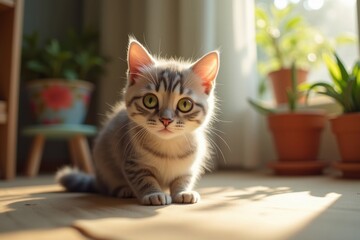 Adorable Burmilla Kitten Sitting in Sunlight with Plants Background perfect for any cat lover