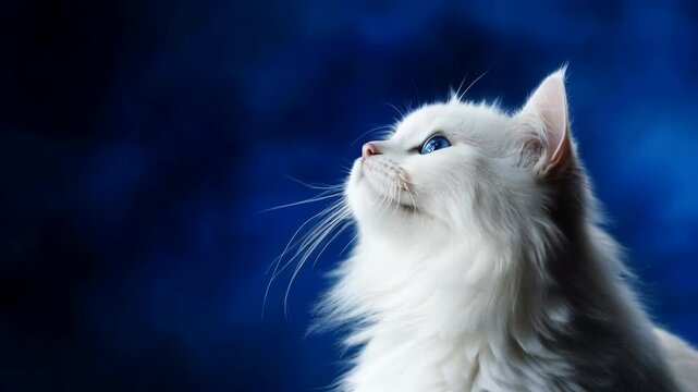 White persian cat with blue eyes looking up against dark background