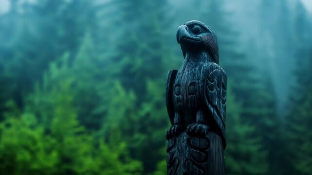 Carved wooden eagle totem pole in misty forest