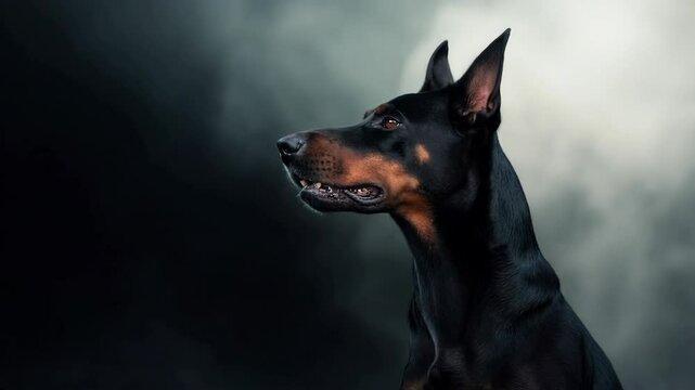 Black doberman dog with sharp ears against dark cloudy background