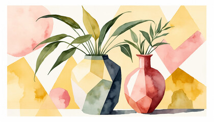 Geometric Watercolor Vase with Leaves - Modern Botanical Art