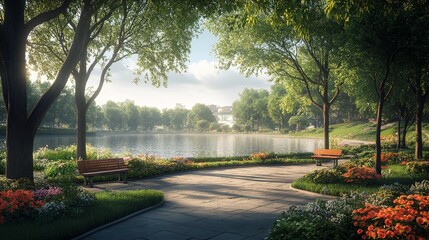 Fototapeta premium Serene Park Landscape With Vibrant Flowers and Benches Beside a Calm Lake During a Sunny Afternoon