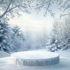 Fototapeta premium Snow-covered Landscape With a Round Wooden Platform Surrounded by Frosty Trees and a Serene Winter Atmosphere at Dawn