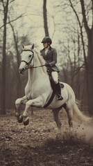 Woman horseback riding white horse in forest.