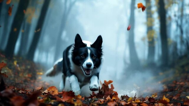 Border collie jumping through autumn leaves in misty forest. Nature and pet lifestyle content