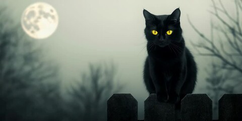 Black cat with yellow eyes near full moon in foggy forest. Halloween and mystery content - Powered by Adobe