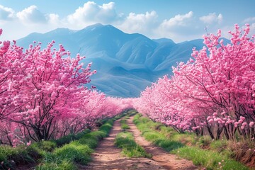 A beautiful Sakura blossom garden with pink flowers, mountains in the background, spring background.