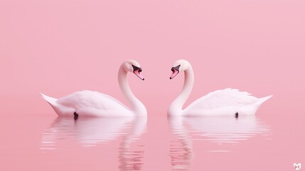 Fototapeta premium Two white swans in love, on a pink background, romantic couple.