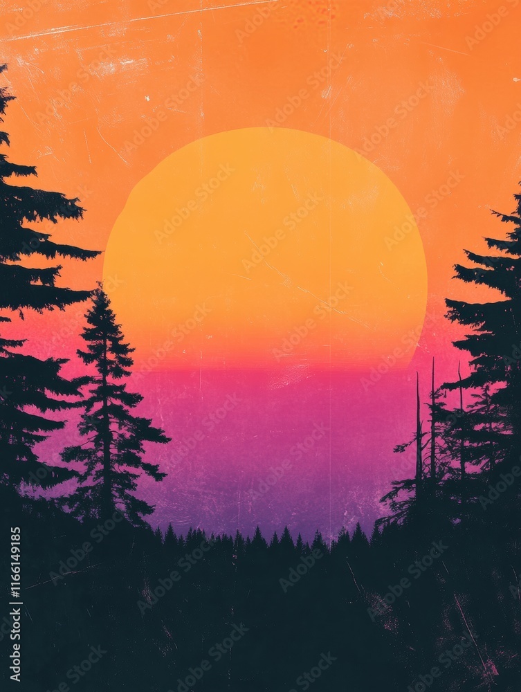Aufkleber retro risograph inspired sunset over a serene forest landscape during twilight hours for a calming a