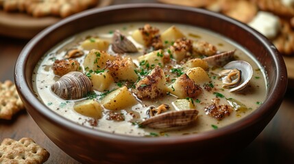 A creamy bowl of clam chowder with tender clams, diced potatoes, and crispy croutons, served in a sourdough bread bowl with a side of buttered crackers.