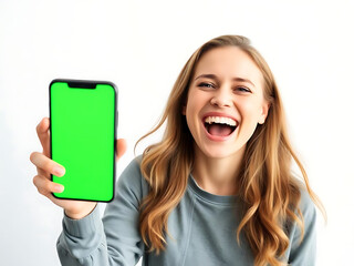 woman laughing while holding a green screen mobile phone in an isolated white background 