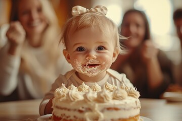 Baby celebrates first birthday with cake, joyful family gathered around in cozy setting