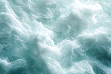 Obraz premium Abstract teal and white swirling texture resembling smoke, clouds, or fabric.