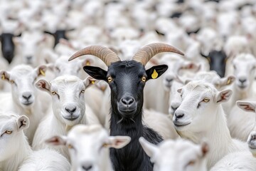 Black Goat Stands out Amidst a Flock of White Goats in a Pastoral Landscape During the Early Morning Light