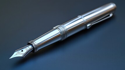 Fototapeta premium Sleek silver fountain pen rests on dark blue.