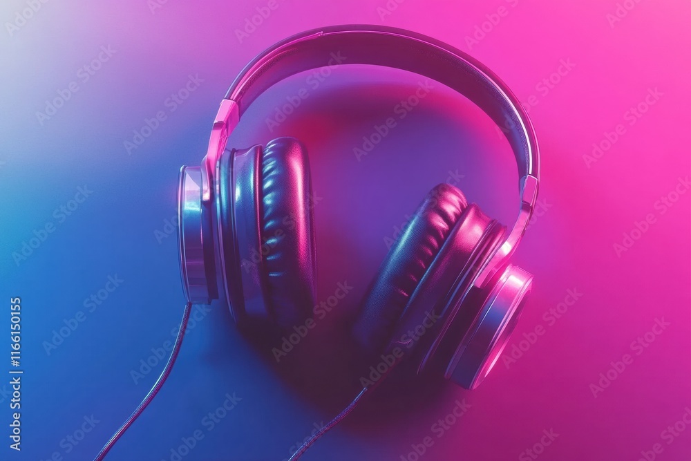 Poster close up view of stylish headphones with vibrant lighting showcasing design and texture. generative 