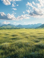 Vast Green Meadow Under a Bright Blue Sky With Rolling Mountains in the Distance During a Sunny Day