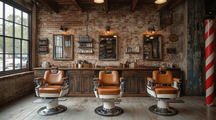 Vintage barbershop with three barber chairs.