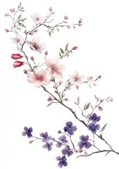 Delicate Floral Design Featuring Pink Blossoms, Red Buds, and Purple Flowers Arranged Elegantly on a White Background