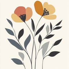 Bright Floral Design Featuring Two Stylized Flowers With Vibrant Orange and Yellow Petals, Complemented by Green Leaves Against a Soft Background