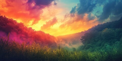 Obraz premium Vibrant Sunset Over Misty Forest Valley Landscape