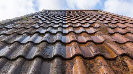 Roof cleaning showing difference between wash and dirty mossy surface