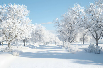 Serene winter landscape; snow-covered trees and path, sunlight illuminating a peaceful snowy scene.  Perfect for winter holiday cards, websites, and seasonal designs.