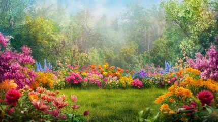 Beautiful spring garden. The green lawn emphasizes the blooming flowers in the garden. A diverse spectrum of colorful flowers, panoramic views of natural beauty