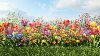 Obraz premium Beautiful spring garden. The green lawn emphasizes the blooming flowers in the garden. A diverse spectrum of colorful flowers, panoramic views of natural beauty