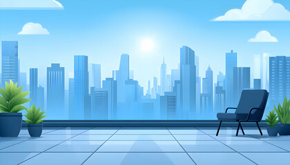 Naklejka premium Serene cityscape view from a modern rooftop terrace, featuring a comfortable chair and potted plants, ideal for relaxation or contemplation.