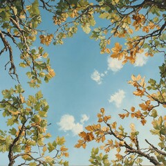 Bright Autumn Leaves Frame a Clear Blue Sky With Fluffy Clouds in a Tranquil Forest Setting During the Fall Season