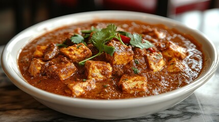 Paneer tikka masala in a white bowl.