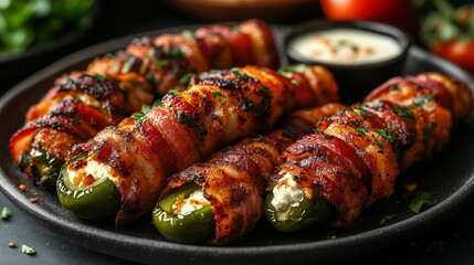 A platter of spicy jalapeno poppers stuffed with cream cheese and wrapped in crispy bacon, served with a cooling ranch dip.