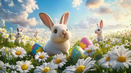 Fototapeta premium Easter landscape, bunnies with colorful eggs and daisy flower on meadow under beautiful sky. 3d rendering