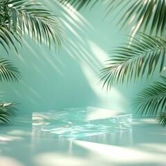 Elegant Glass Platform Surrounded by Lush Palm Leaves in Soft Green Light Creates a Serene Botanical Atmosphere for Creative Displays