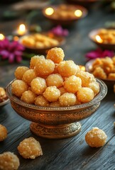 Delicious Round Sweets in an Ornate Bowl Surrounded by Colorful Snacks and Soft Lighting, Perfect for Joyful Celebrations and Festive Gatherings