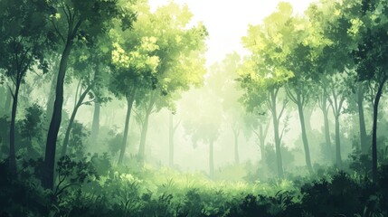 Obraz premium Lush Green Forest Filled With Mist at Dawn Creating a Serene Atmosphere of Nature and Tranquility