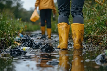 Volunteers clean up litter in wetland area wearing yellow boots during community cleanup event