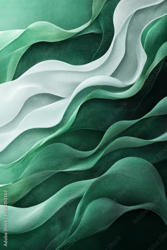 Poster soft green and white fabric waves creating an abstract texture with flowing patterns