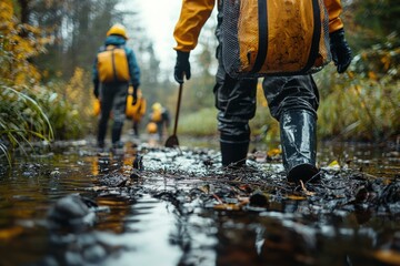 Volunteers cleaning a wetland area during autumn in the forest while wearing protective gear and rubber boots
