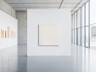 Empty modern art gallery with white walls, large windows. Industrial loft style interior design. Clean, bright airy space. Blank canvas artwork for presentation. Roomy gallery space for exhibitions.