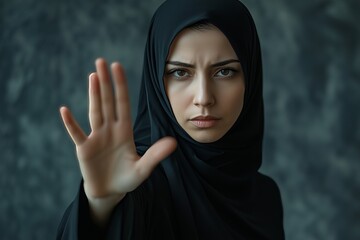 Naklejka premium A Muslim woman in traditional black clothing nikab showing stop hand gesture. Role of women in Islamic world. Domestic violence, discrimination of Muslim women. Stop domestic violence against women