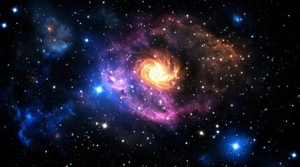 Skies nebula stars dimension concept. Vivid galaxy swirl with colorful nebula and bright stars.